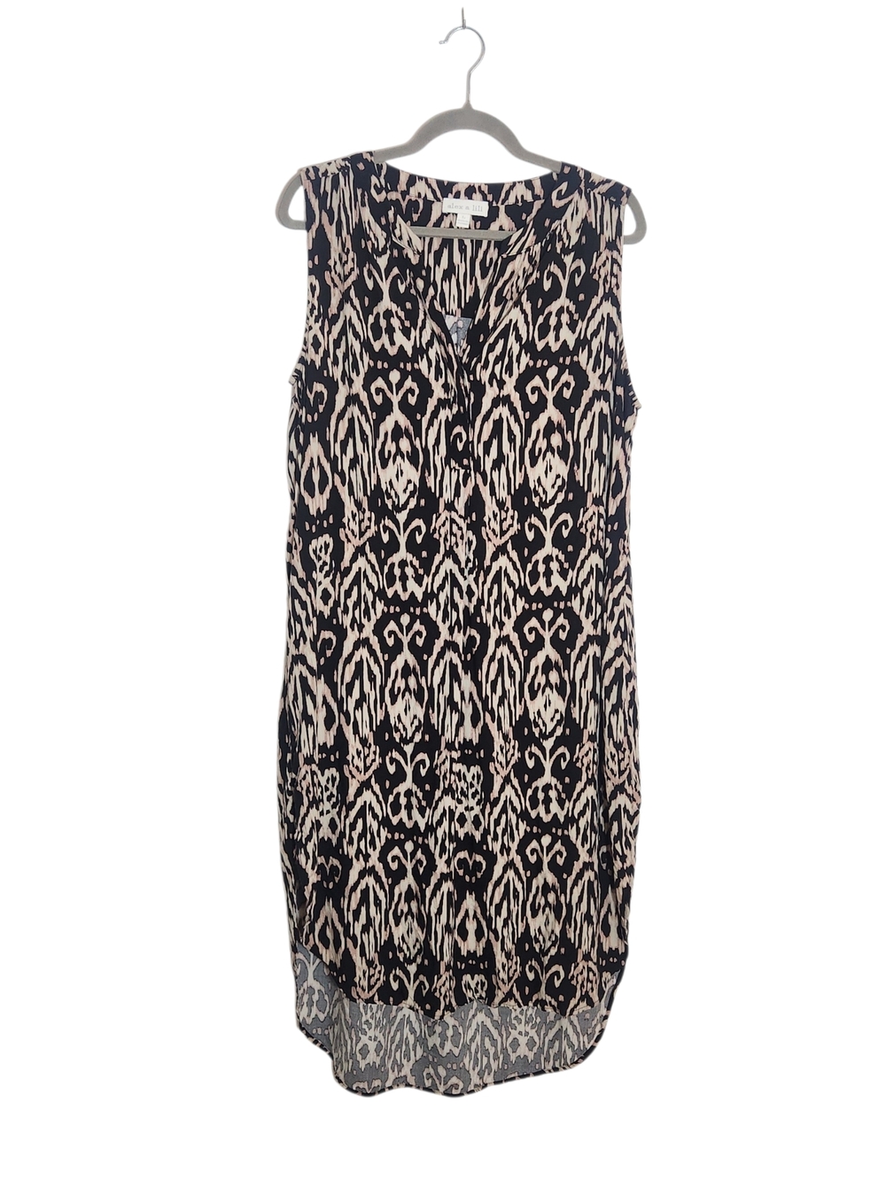 Alex & Lili Black and Tan Ikat High-Low Midi Dress Size Large